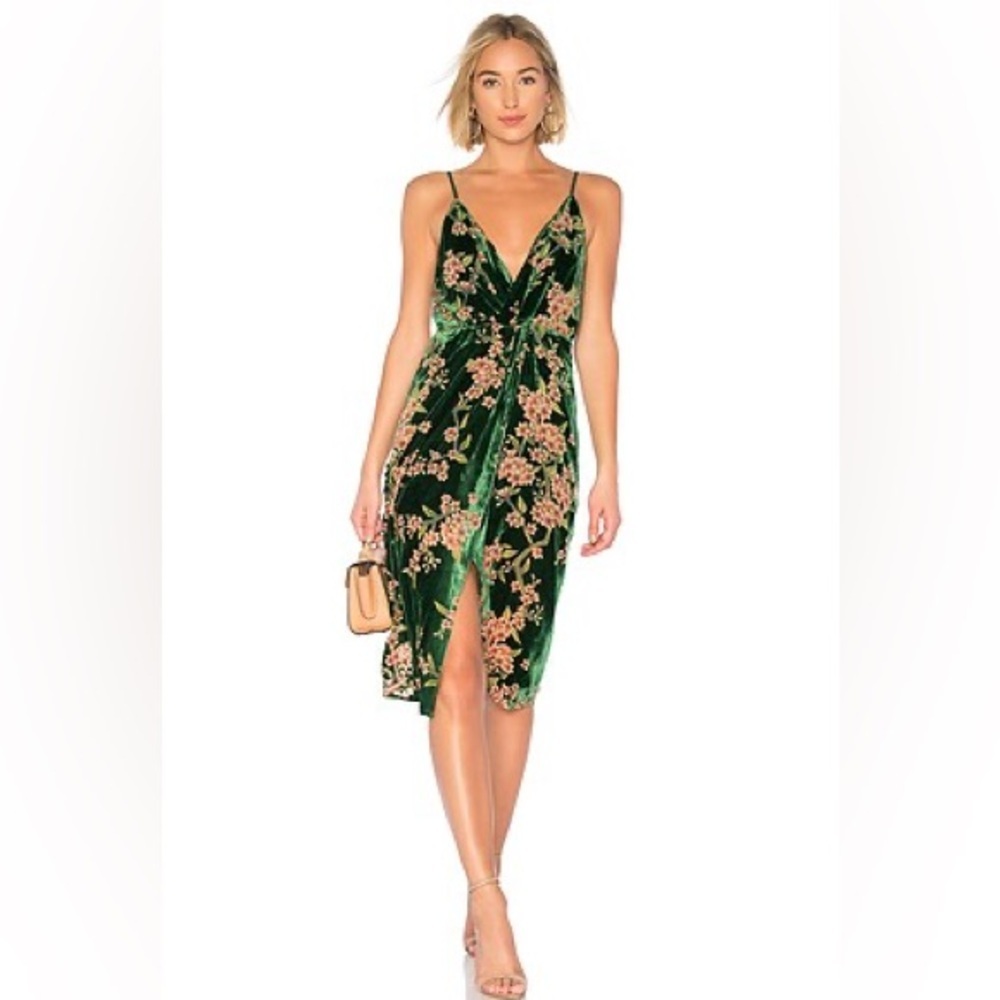 J.O.A. Revolve Emerald Green Floral Velvet Twist-Front Dress Size Medium
